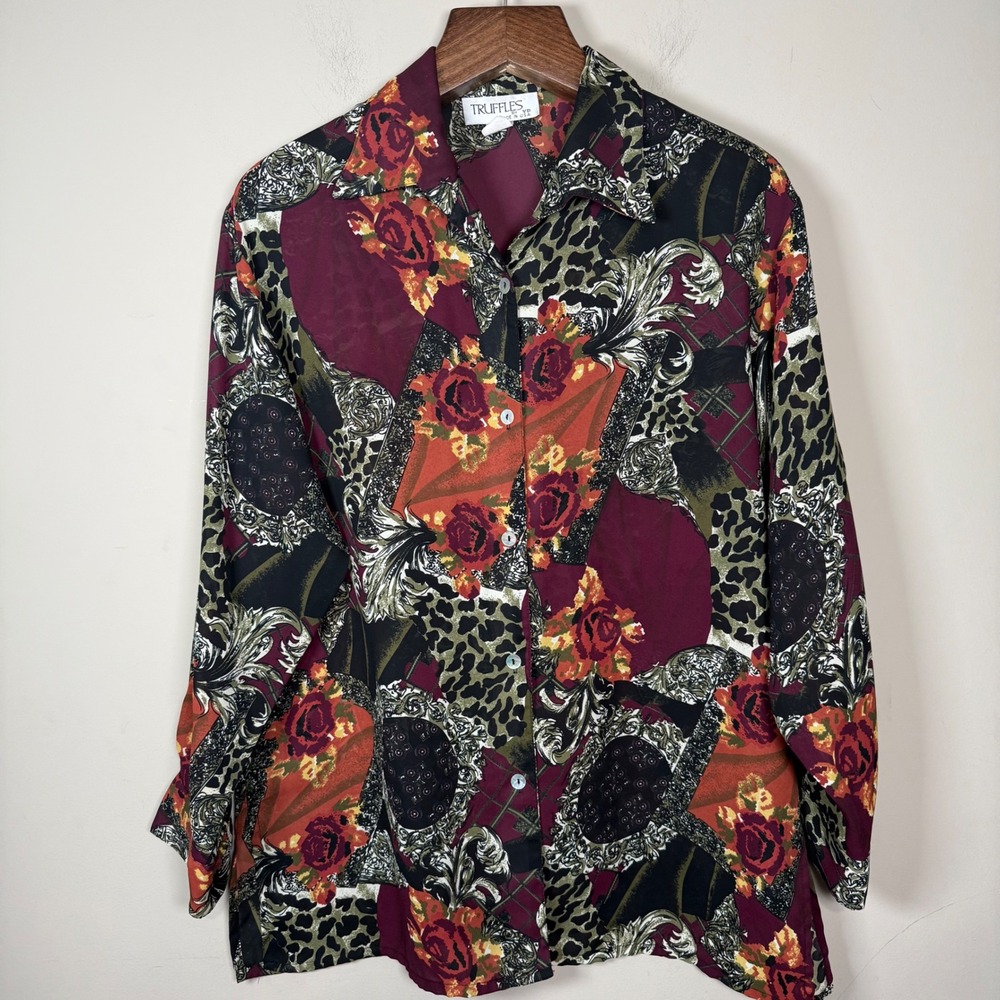 Vintage Truffles by YB Leopard Rose Abstract Print Button Down Blouse NO SIZE
